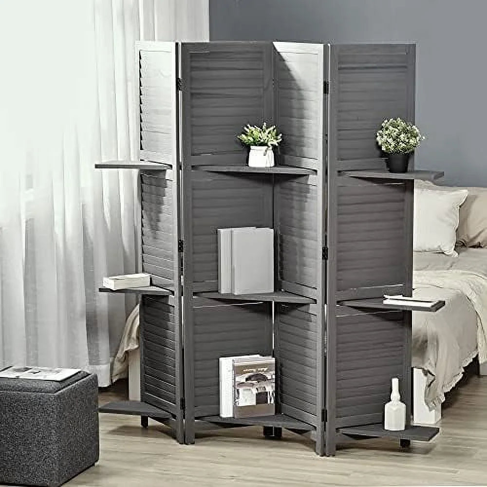 4 Panel Wood Privacy Screen Room Divider with Shelves A2706