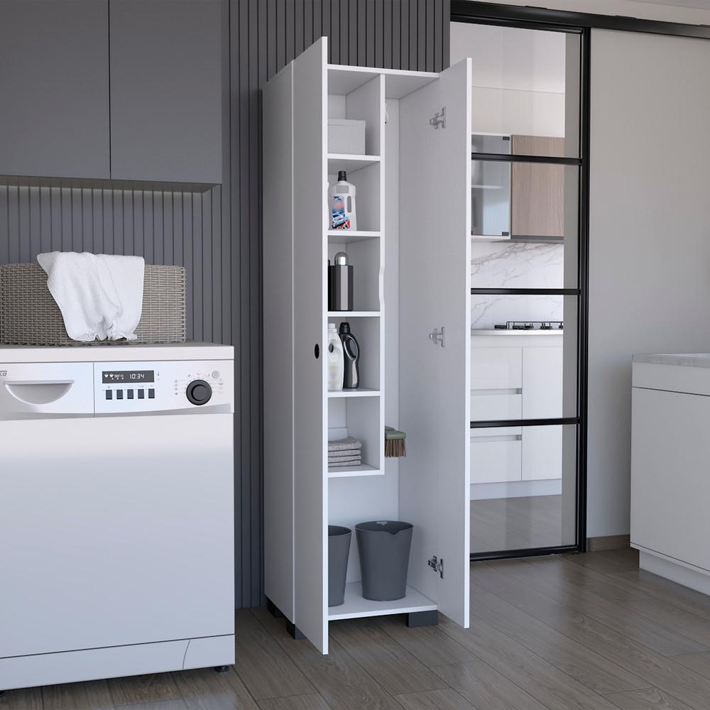White Double-Door Broom Cabinet with Inner Shelves and Side Hangers L586448