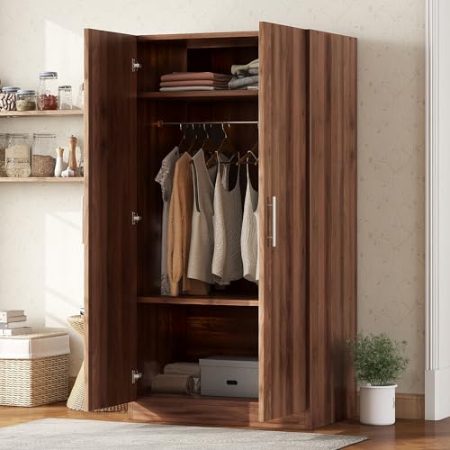 White Wooden Armoire with Drawer, Hanging Rail and 5 Shelves J51046