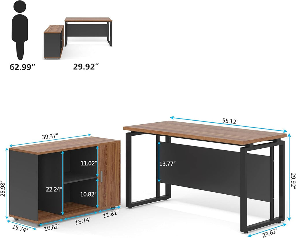 Dark Walnut Steel Gray L Shaped Desk with Storage Shelves and File Cabinet Q7142