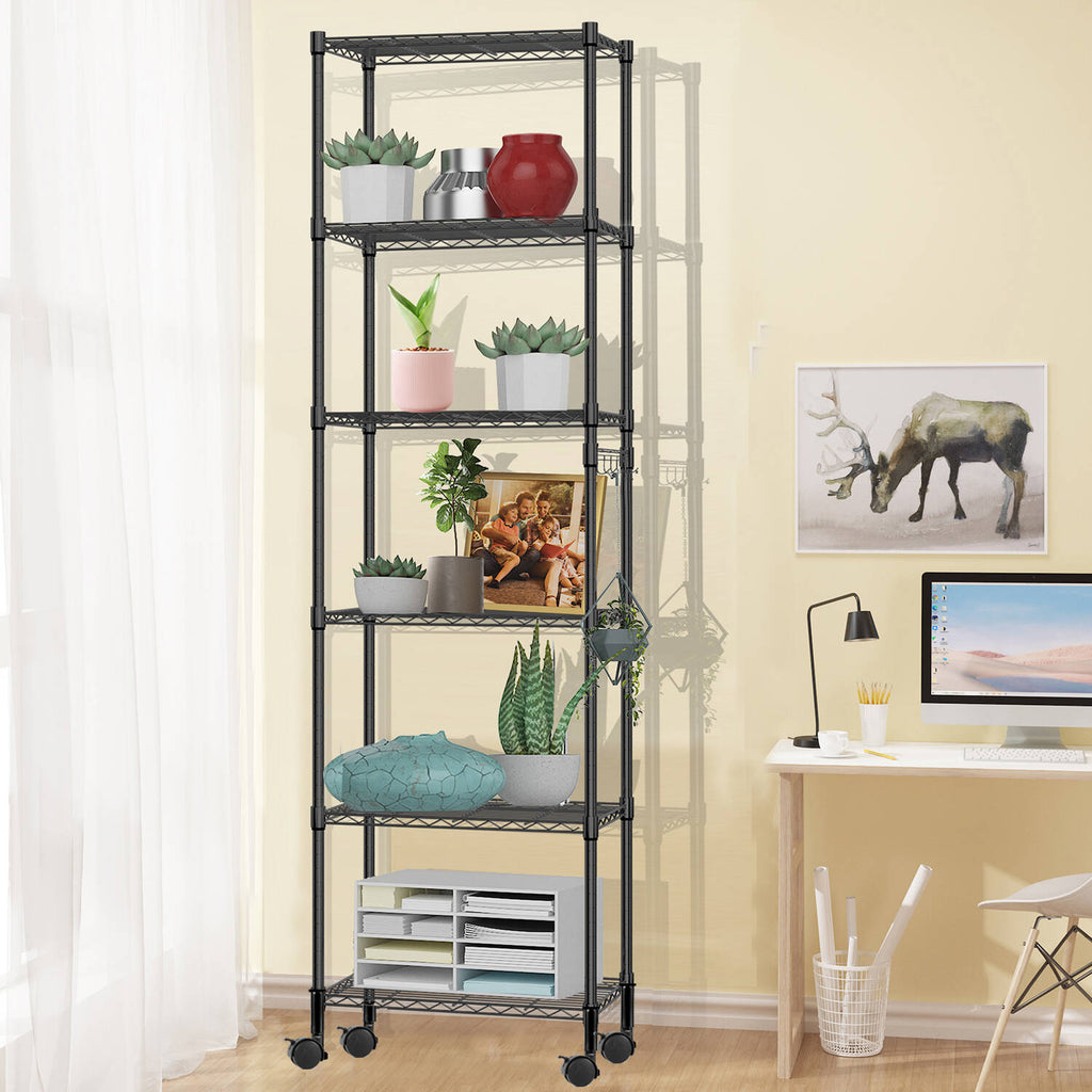 6 Shelves Wire Metal Heavy Duty Shelving Rack with Wheel, Silver V2839