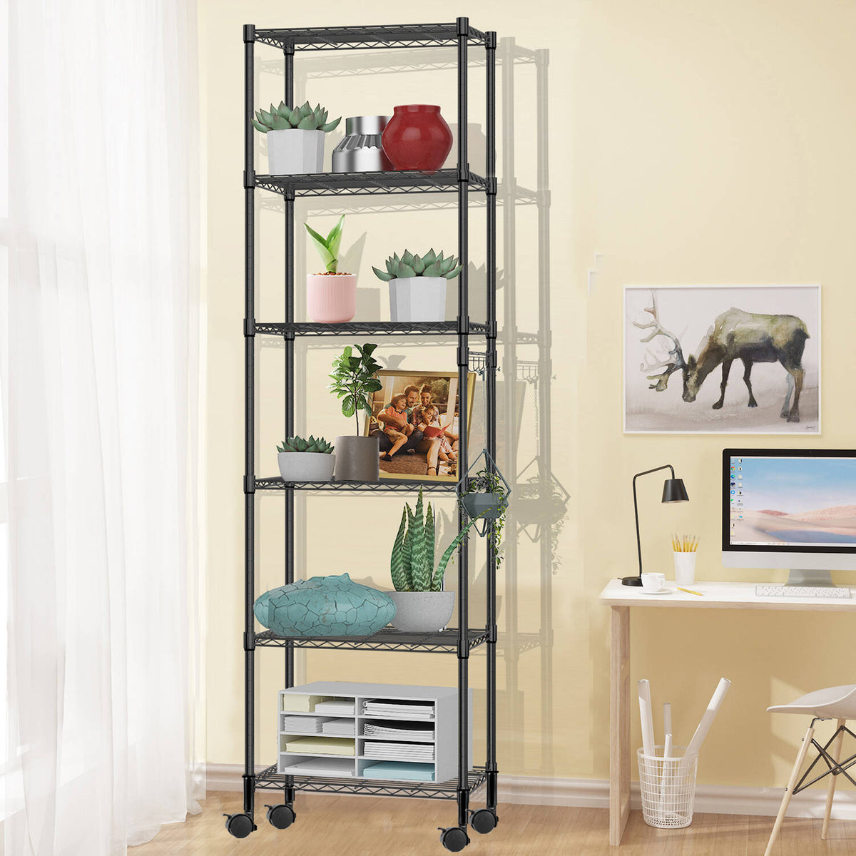6 Shelves Wire Metal Heavy Duty Shelving Rack with Wheel, Silver V2839