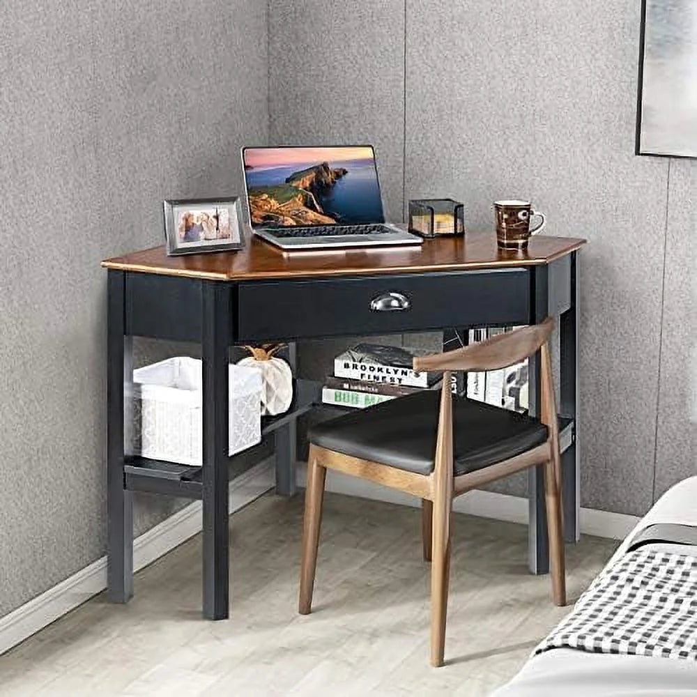 White Corner Desk with Drawer and Shelves H425