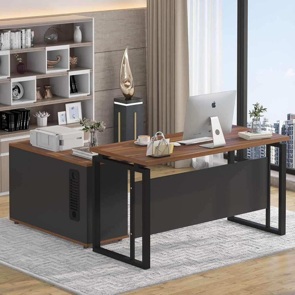 Dark Walnut Steel Gray L Shaped Desk with Storage Shelves and File Cabinet Q7142