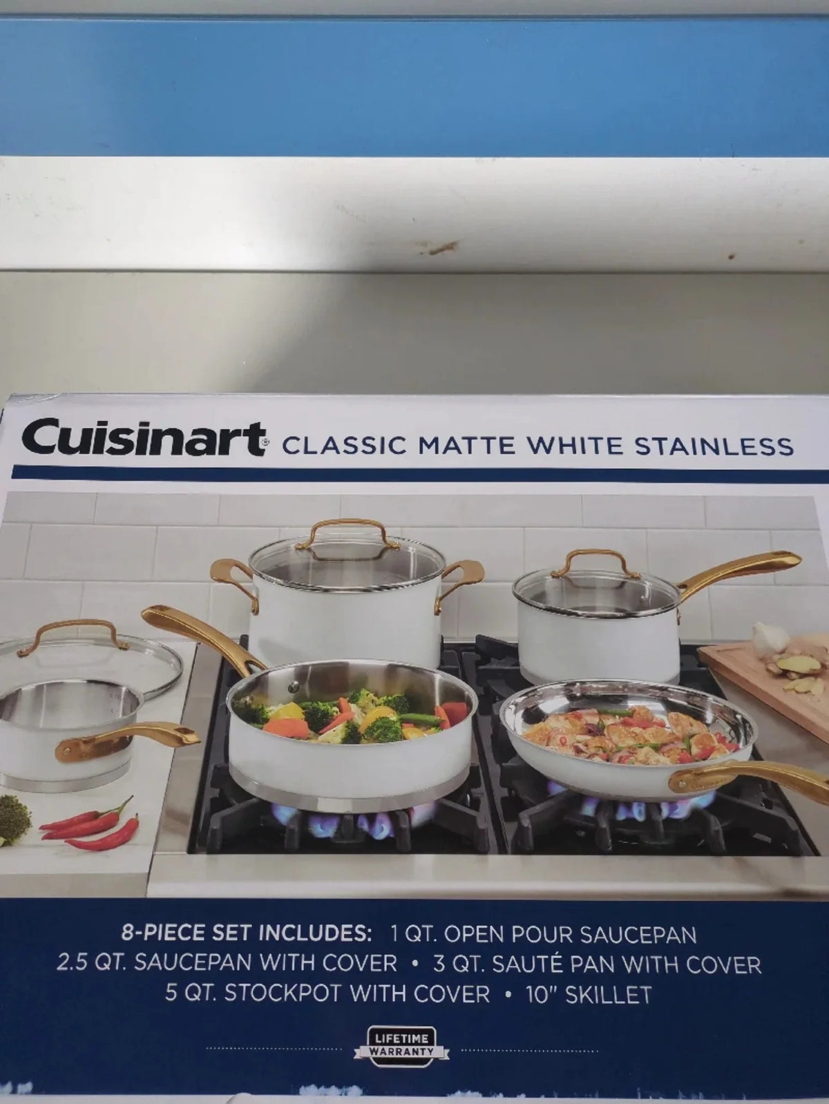 8pc Stainless Steel Cookware Set with Brushed Gold Handles Matte White K3307