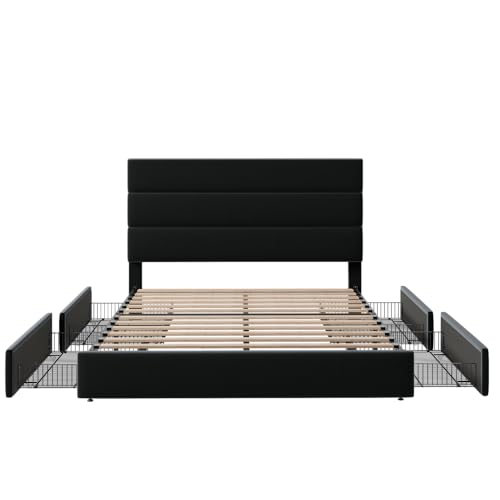 White Full Size Platform Bed Frame with 4 Storage Drawers and Velvet Upholstered Headboard I64265