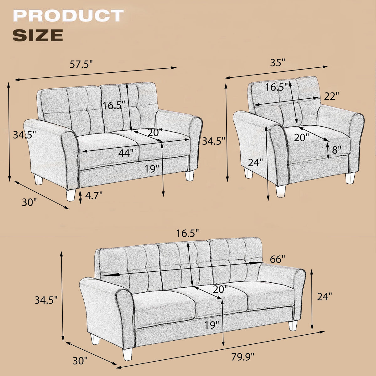 Light Grey Linen 2+3-Seat Sofa Set O953