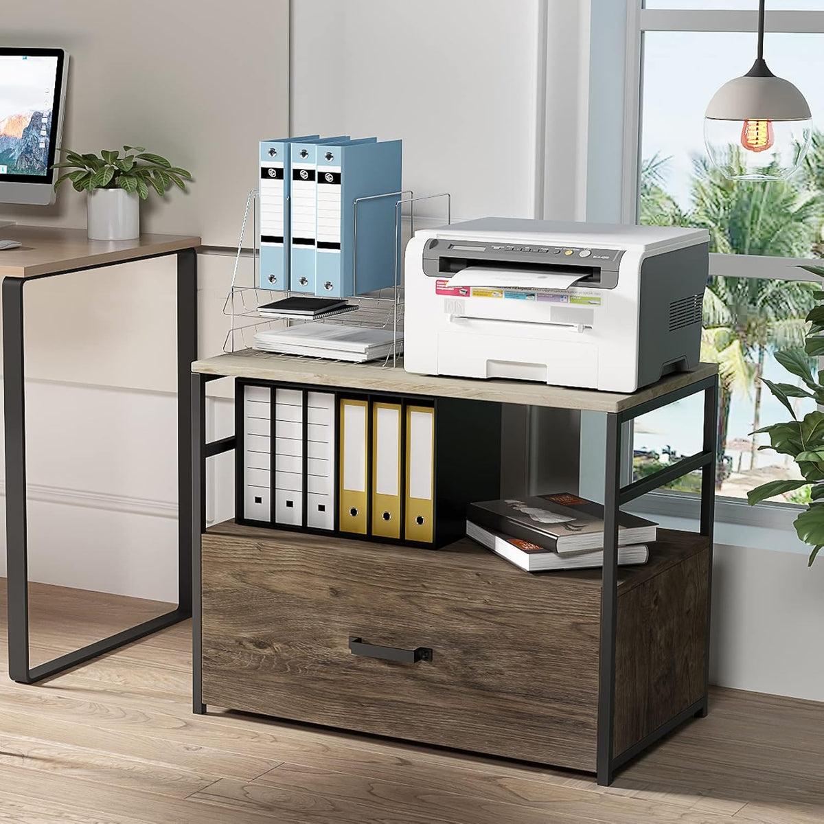 Wood Lateral File Cabinet with 1 Drawer, Printer Stand with Storage Shelves H53641
