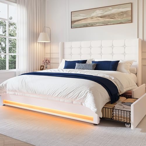 Queen Size White Velvet Upholstered Platform Bed Frame with 4 Storage Drawers Z4355