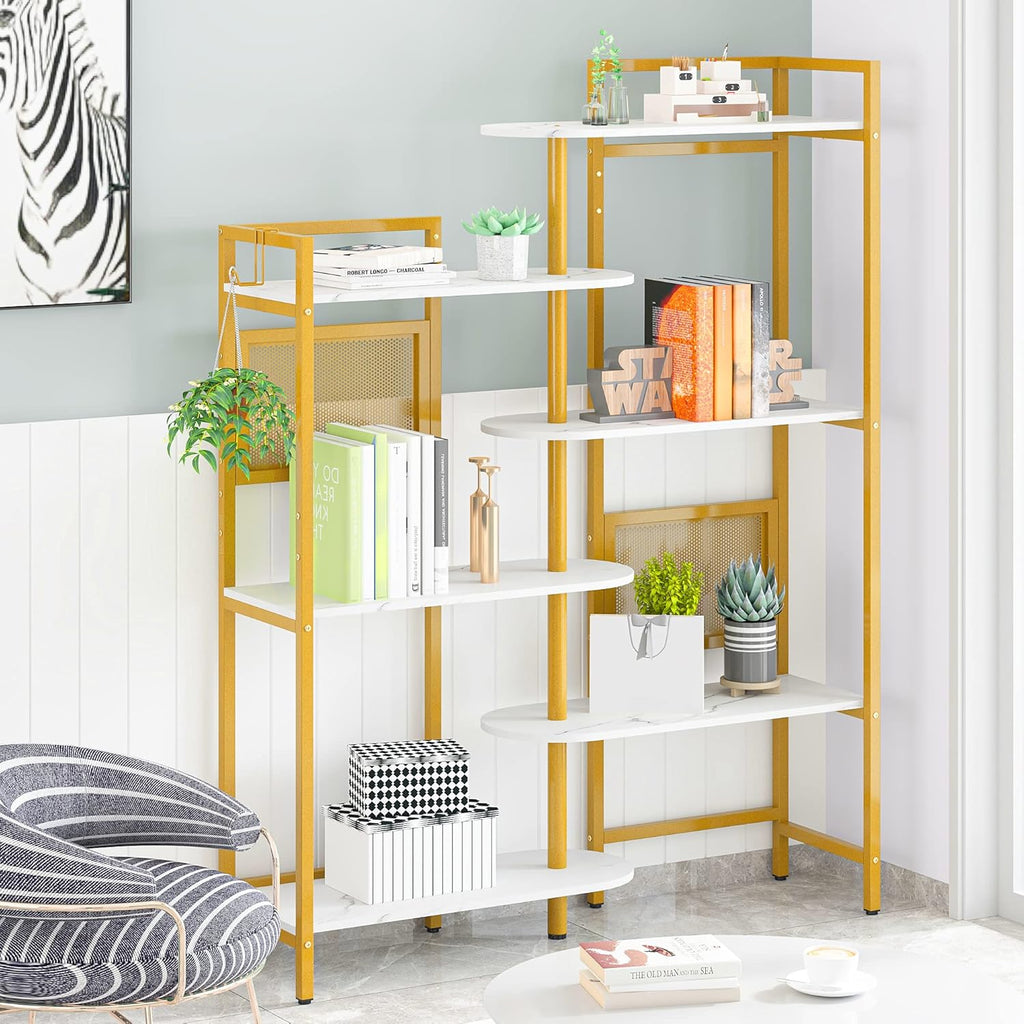 6-Tier Adjustable Wood and Metal Bookshelf White Gold O872360
