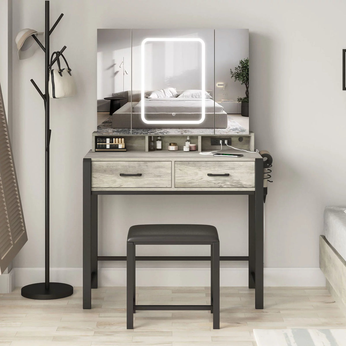 35.4in Makeup Vanity Desk with Lighted Mirror and Power Strip T580