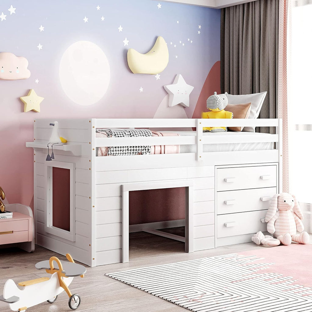White Twin Loft Bed with Storage Drawers G625792
