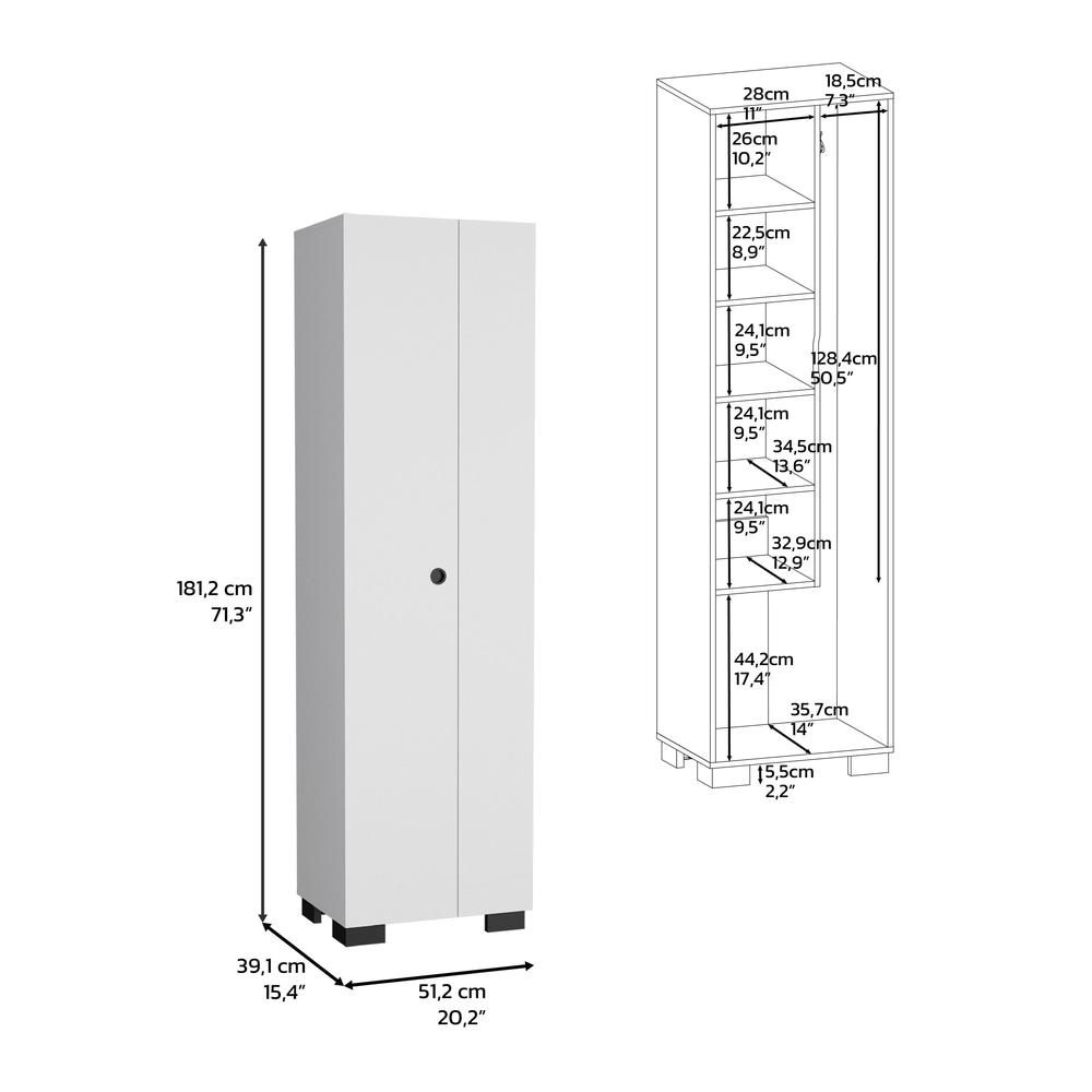 White Double-Door Broom Cabinet with Inner Shelves and Side Hangers L586448