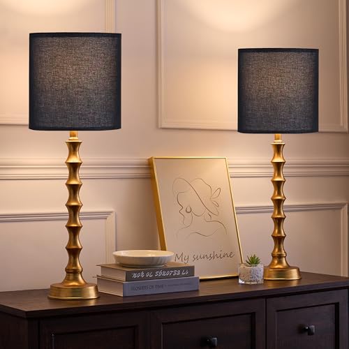 Gold Table Lamp Set of 2 Metal Bamboo Shape Linen White Shade H7210