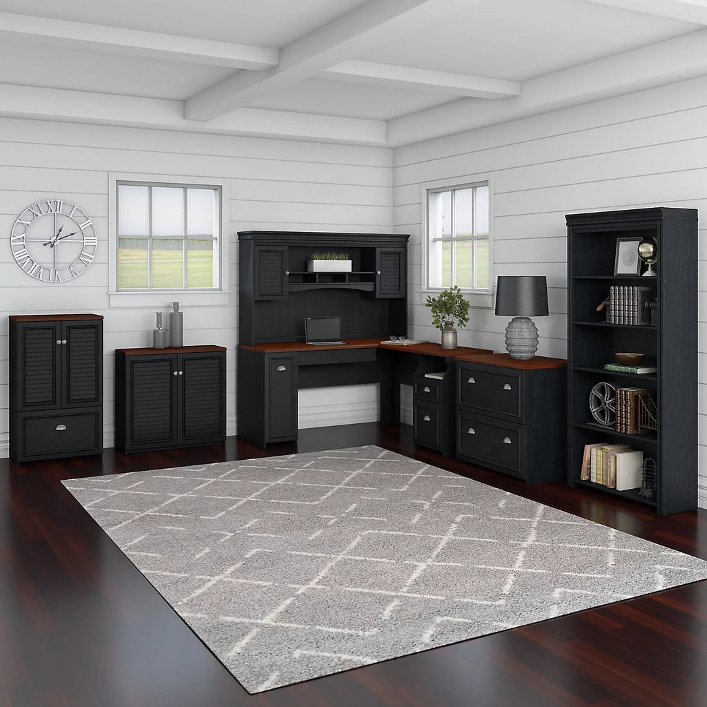 Black L Shaped Desk with Hutch and Storage D29221