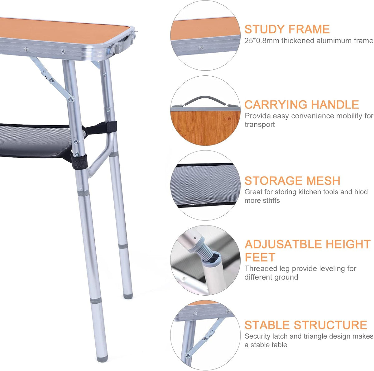 Folding Camping Table with Storage, Adjustable Height, Lightweight, 31.5x15.7 D47075