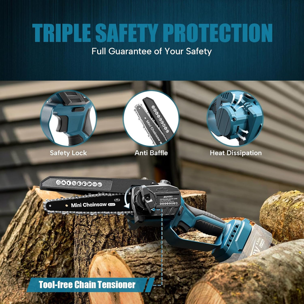Mini Chainsaw Cordless 6 Inch & 8 Inch Brushless Handheld Chain Saw with Oiler Electric Chainsaw D886402