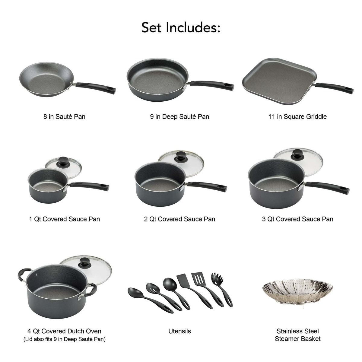 18 Piece Non-stick Steel Gray Cookware Set Y778