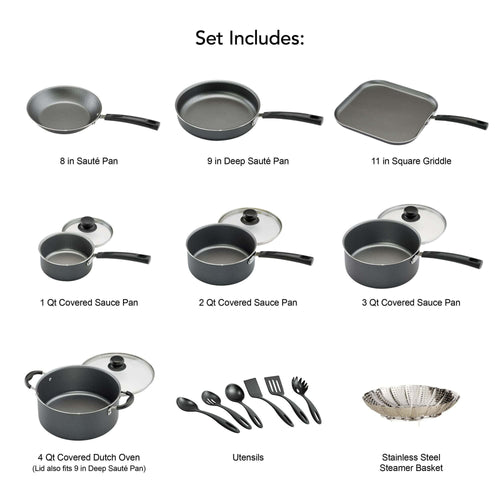 18 Piece Non-stick Steel Gray Cookware Set Y778