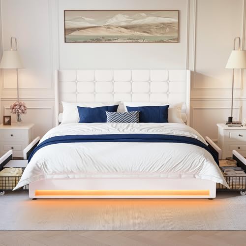Queen Size White Velvet Upholstered Platform Bed Frame with 4 Storage Drawers Z4355
