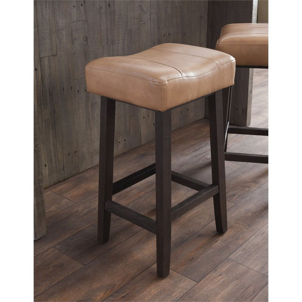 Camel Beige Leather and Wood Backless Bar Stool Set of 2 G9846