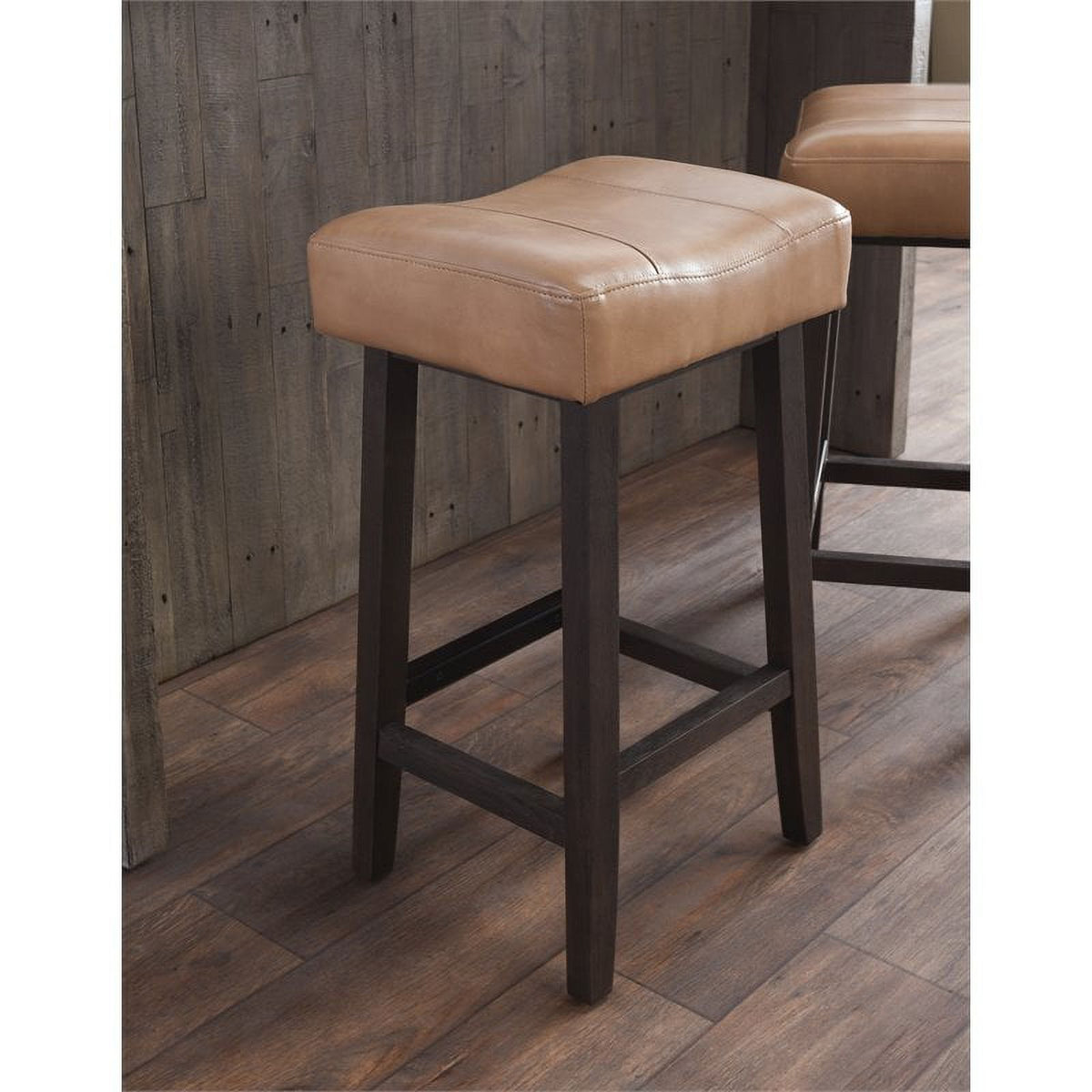 Camel Beige Leather and Wood Backless Bar Stool Set of 2 G9846