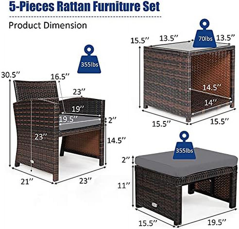 Patio Rattan Conversation Set with Cushioned Chair & Ottoman & Tempered Glass Coffee Table Y632