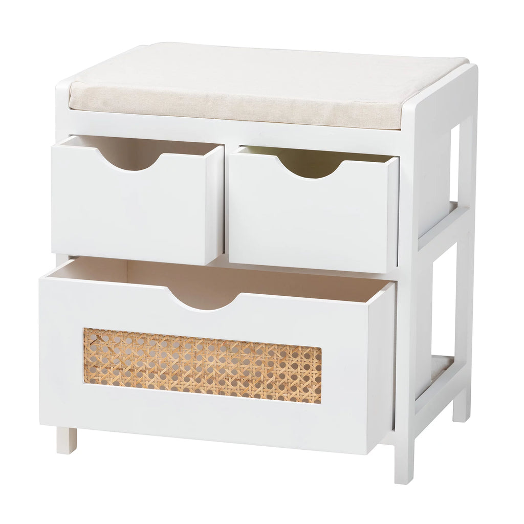 Light Beige Fabric White Wood 3-Drawer Storage Bench with Natural Rattan B357