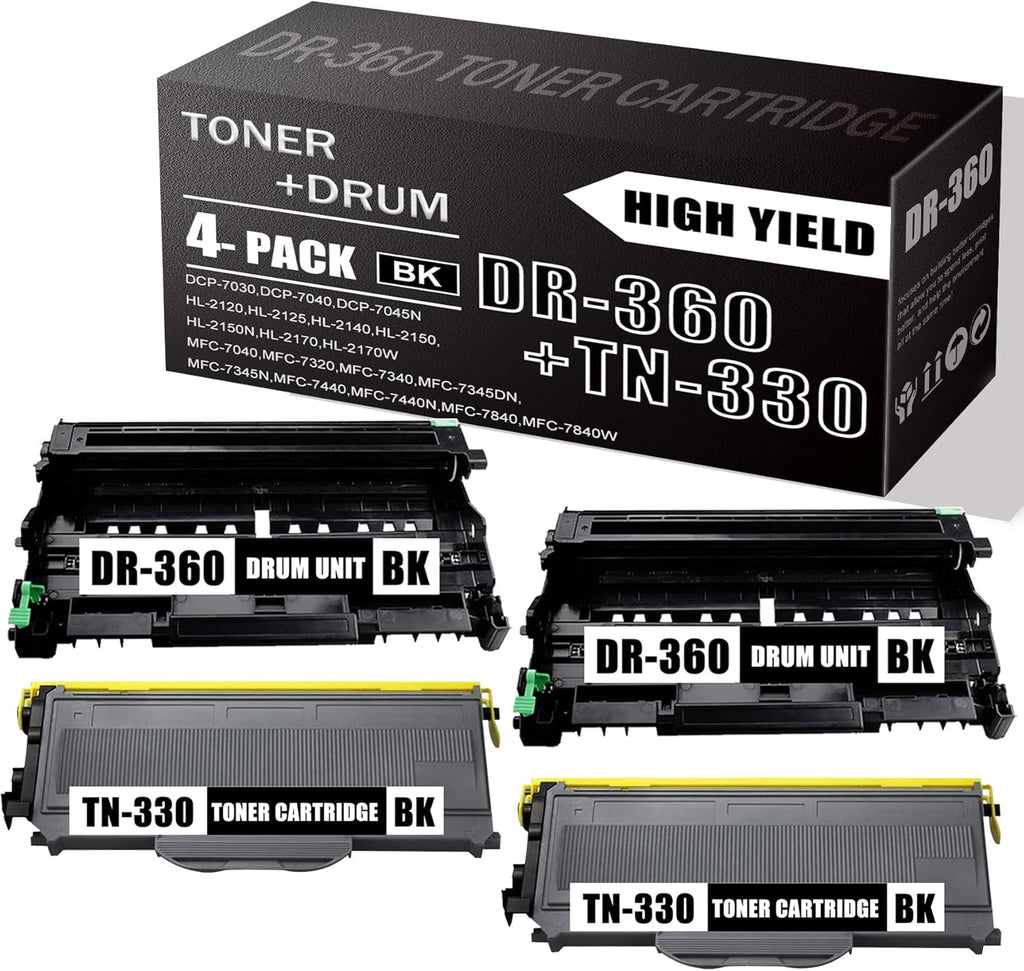 Black 4 Pks Drum Unit & Toner Cartridge for Brother Printer D55212