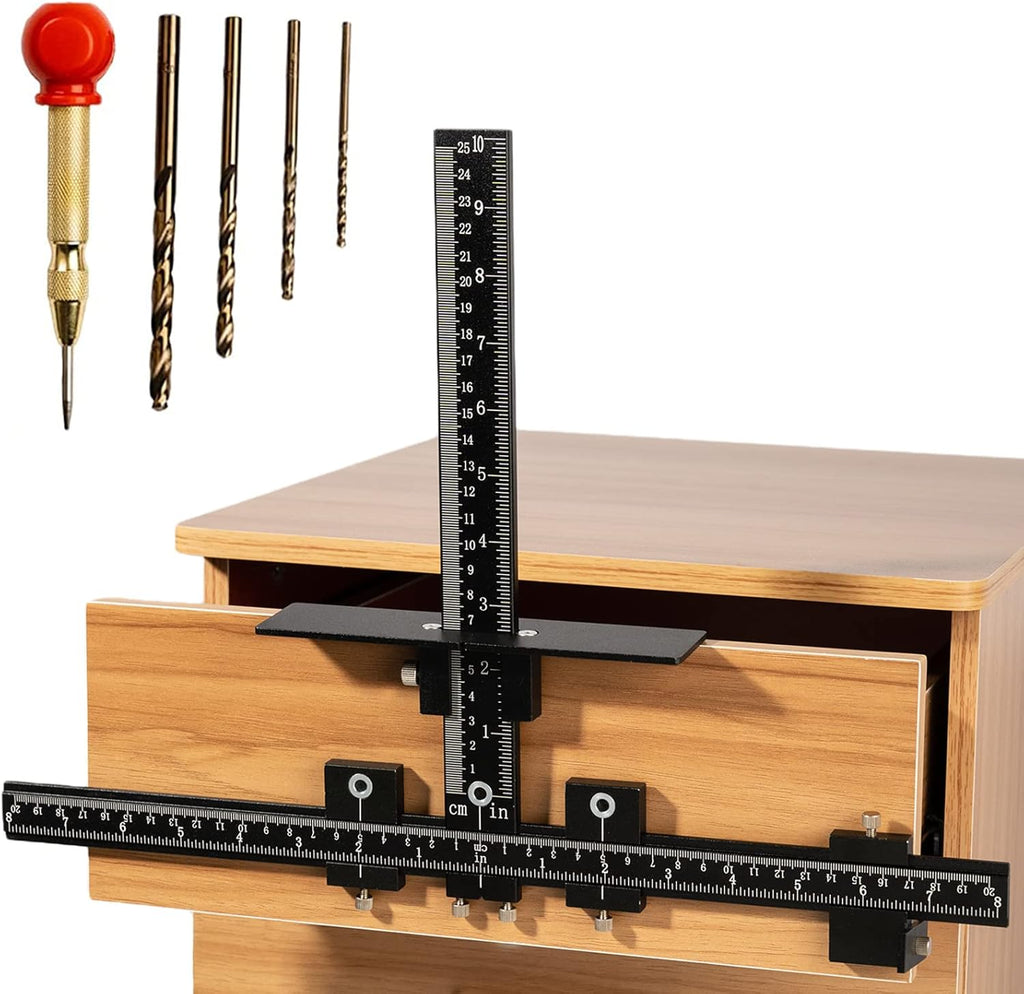 Cabinet Hardware Jig, Aluminum Alloy Handle Template Tool with Automatic Center Punch and 4 Drill Bits L8950