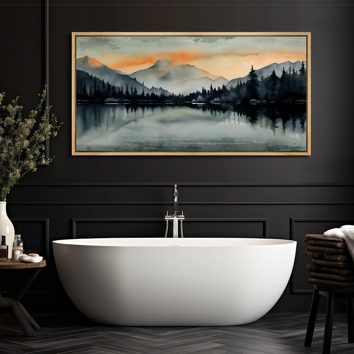 Extra Large Framed Canvas Print Wall Art Sunset Mountain Range & Lake Panoramic Modern Art Nature Wilderness Retro Wall Decorative Oversized Artwork Relax/Calm for Living Room - 60"x30" A382