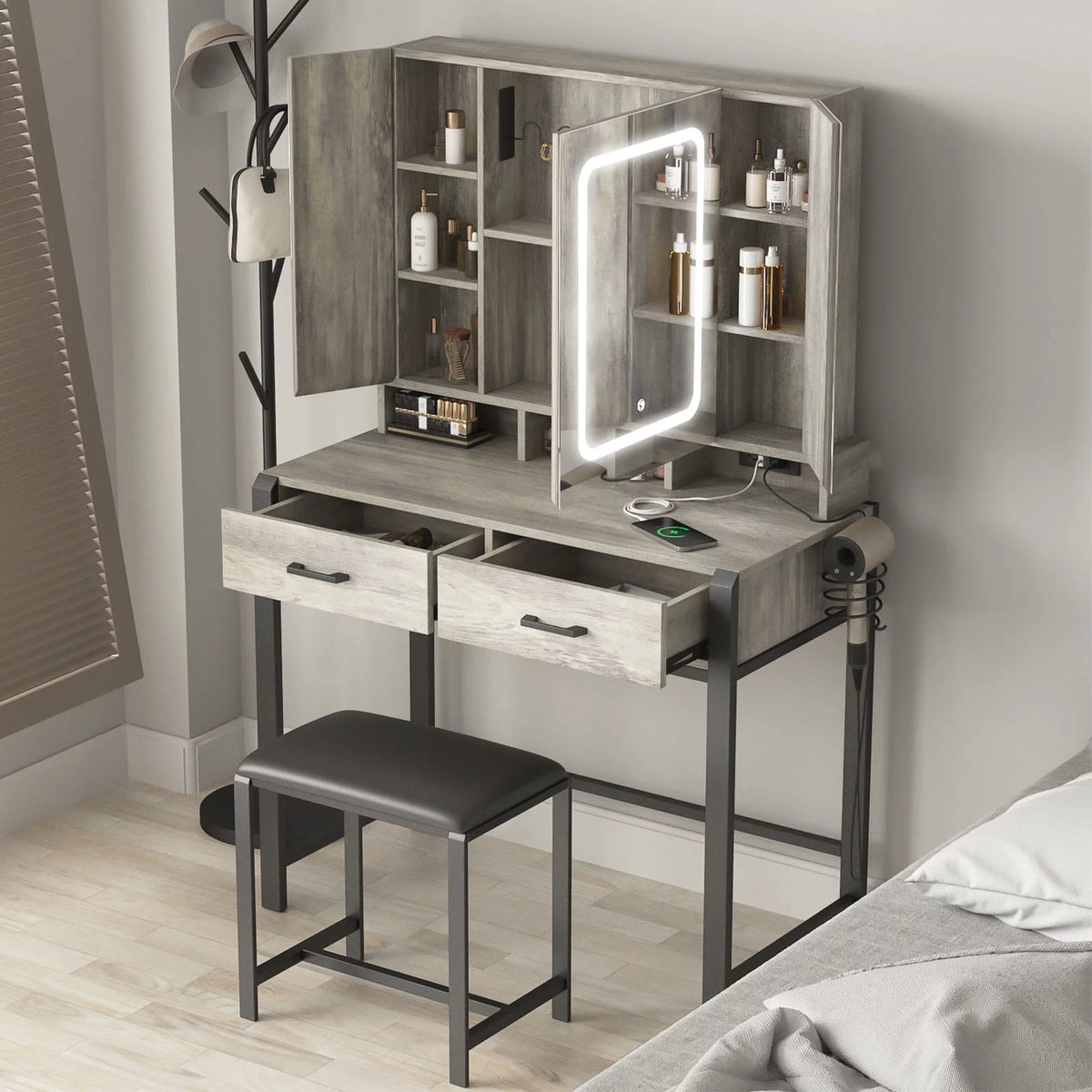 35.4in Makeup Vanity Desk with Lighted Mirror and Power Strip T580