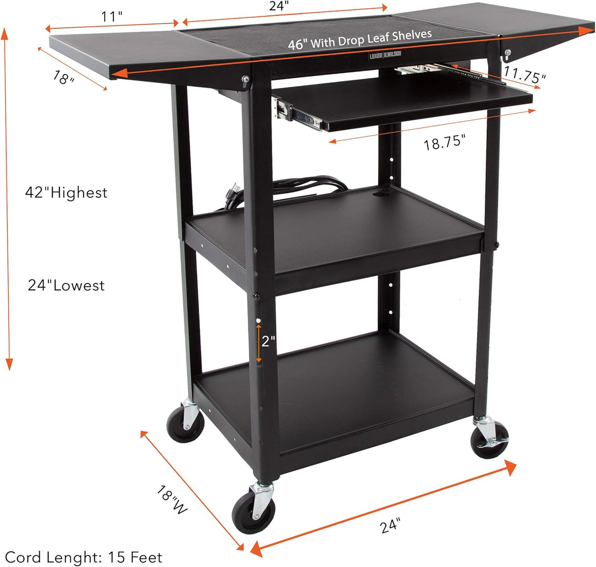 Black Height Adjustable Utility Cart with Drop Leaf Shelves and Pullout Laptop Tray D4064