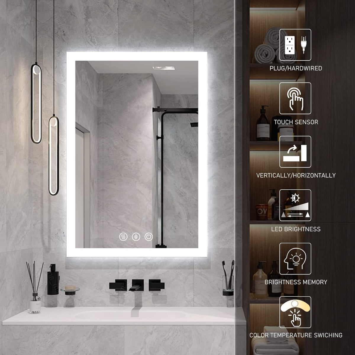 24X36 Inch LED Vanity Mirror Wall Mounted Lighted Bathroom Mirror Dimmable Touch Button O80592
