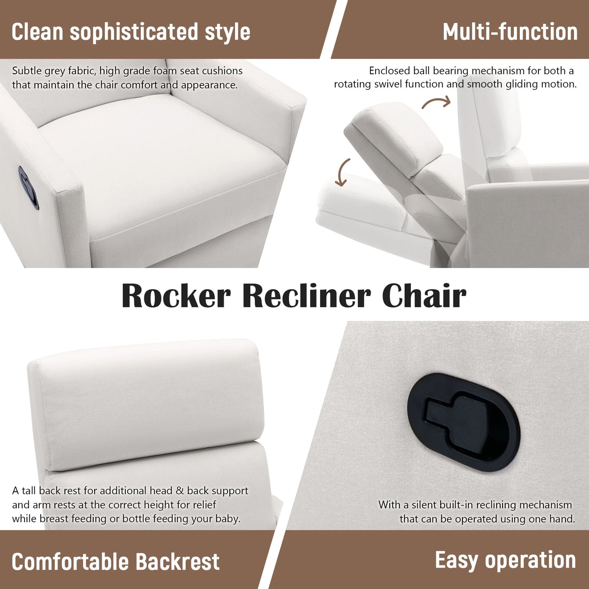 Beige Upholstered Swivel Rocker Recliner Chair L4456