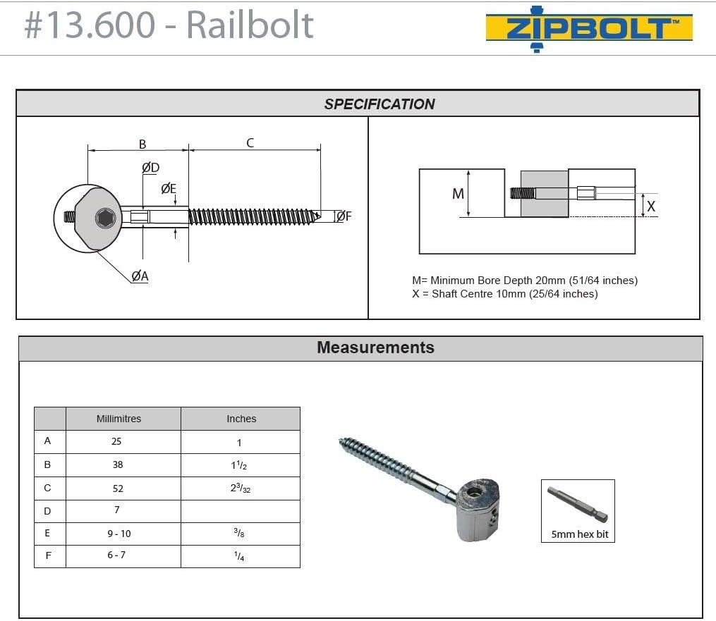 13.610 Railbolt Staircase Handrail Connector 5 Pack Z675284
