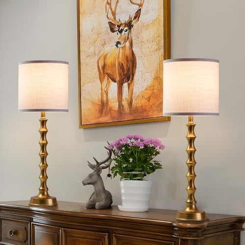 Gold Table Lamp Set of 2 Metal Bamboo Shape Linen White Shade H7210