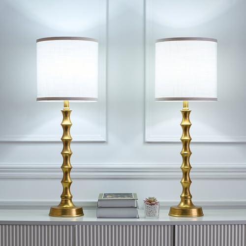 Gold Table Lamp Set of 2 Metal Bamboo Shape Linen White Shade H7210
