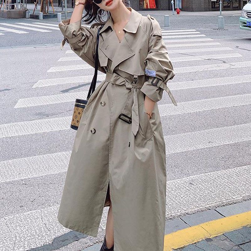 Large Collar Belted Twill Long Trench Coat P623579