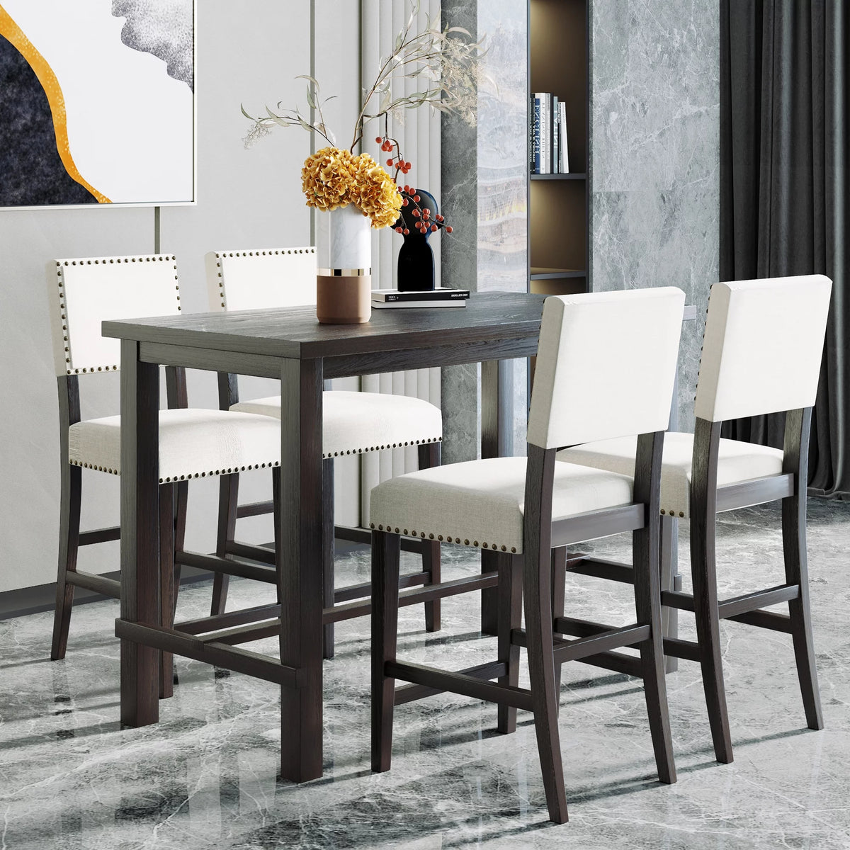 5 Piece Counter Height Dining Table Set with 4 Cushioned Chairs T77913