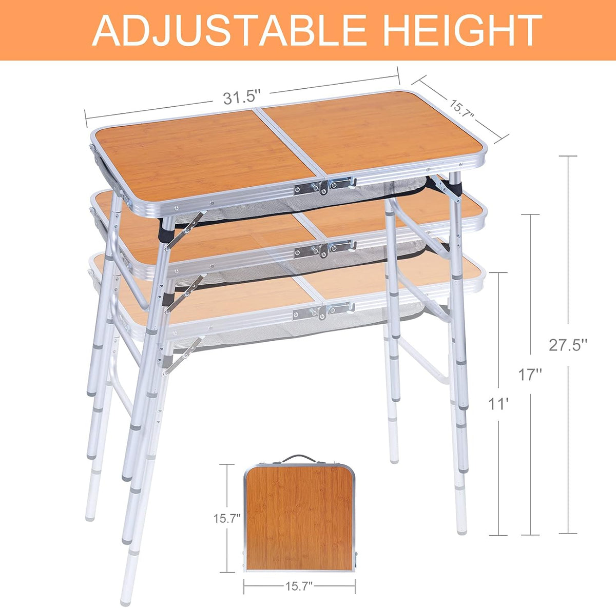 Folding Camping Table with Storage, Adjustable Height, Lightweight, 31.5x15.7 D47075