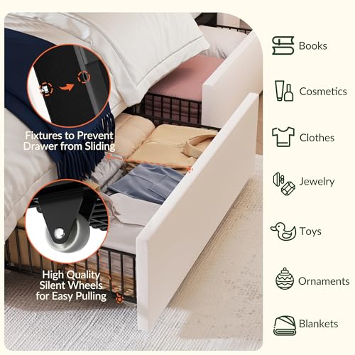Queen Size White Velvet Upholstered Platform Bed Frame with 4 Storage Drawers Z4355