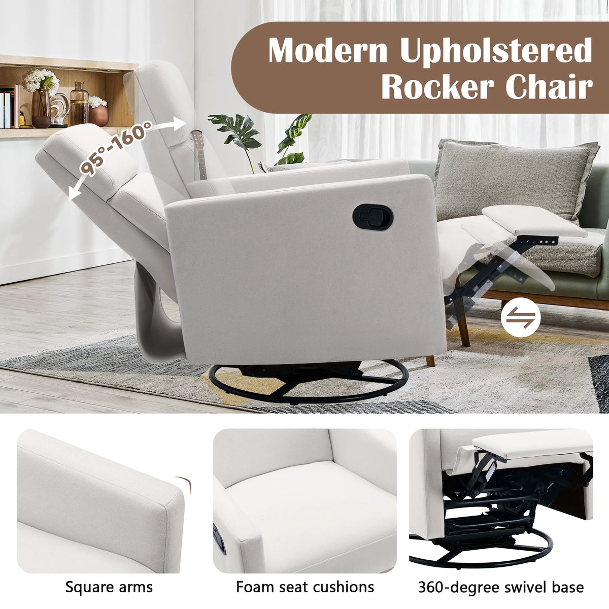 Beige Upholstered Swivel Rocker Recliner Chair L4456