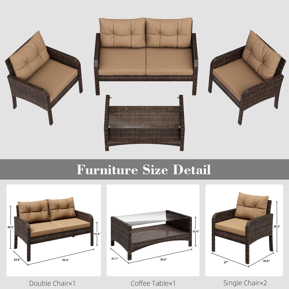 4-Piece Rattan Wicker Sofa Set with Cushions & Coffee Table R192733