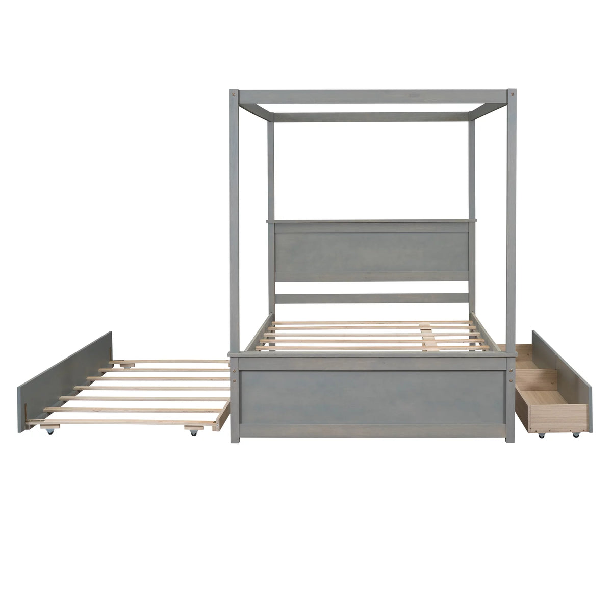 Gray Full Size Canopy Bed Frame with Trundle and 2 Storage Drawers B867