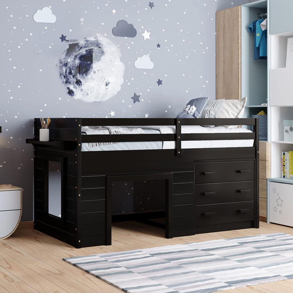 White Twin Loft Bed with Storage Drawers G625792