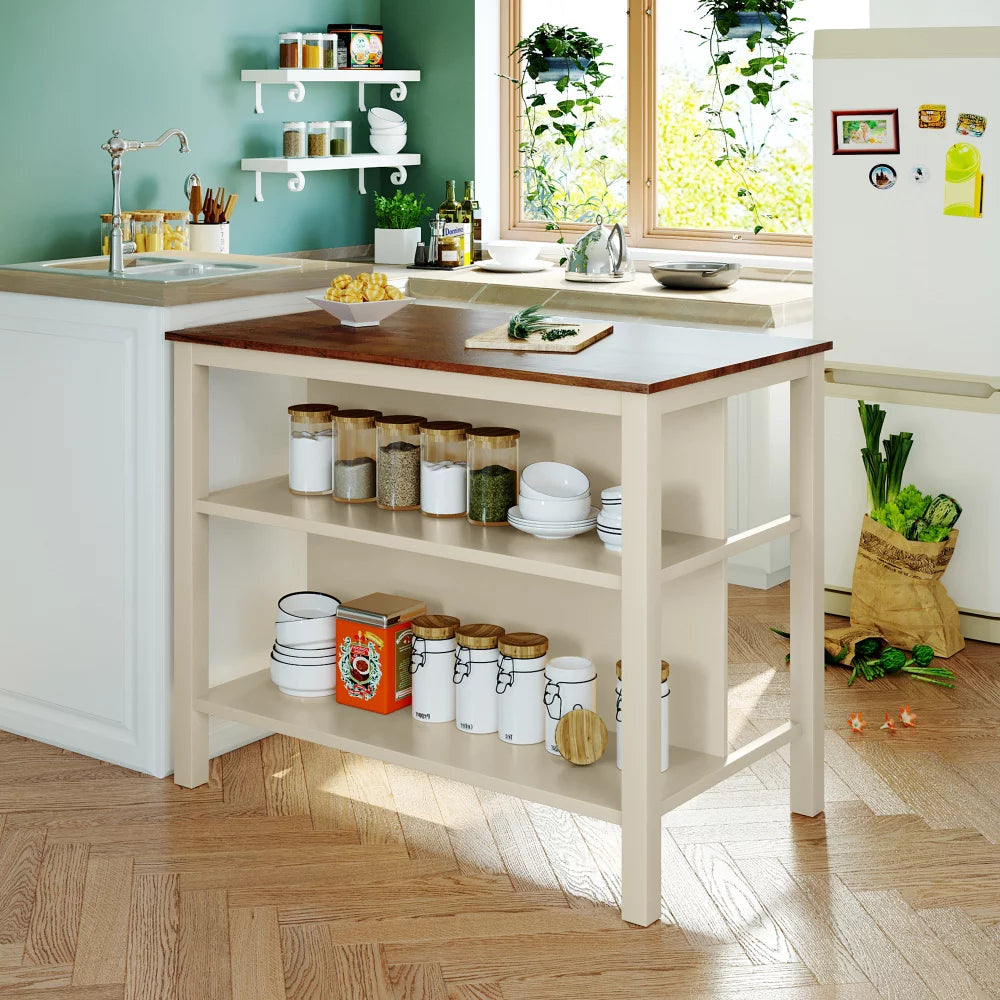 Solid Wood Kitchen Island Set with 2 Stools P54335