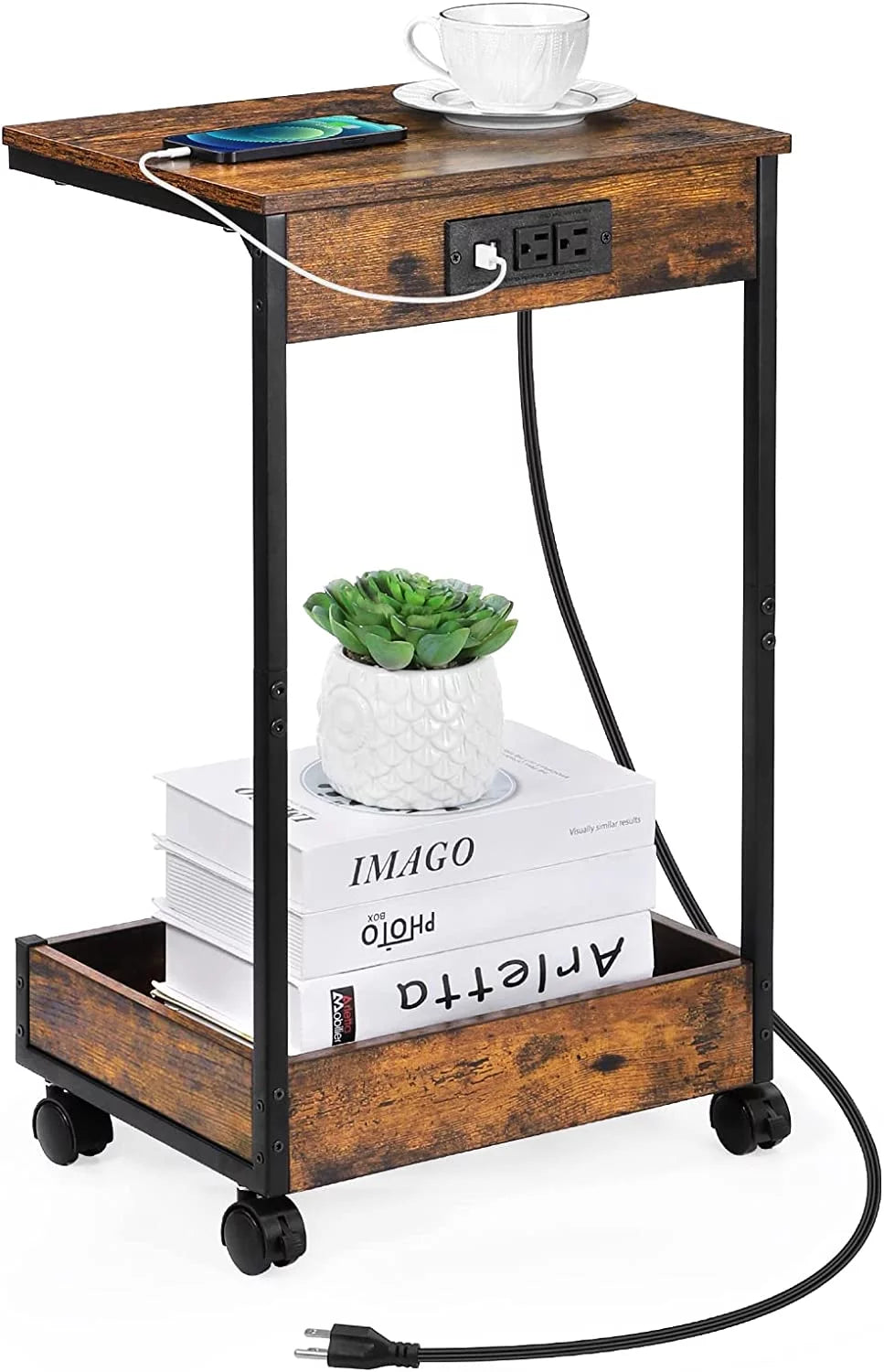 C-Shaped Rolling End Table with Charging Station J82298