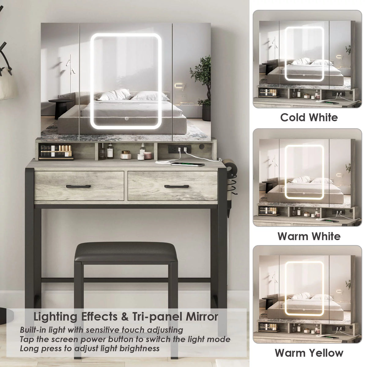 35.4in Makeup Vanity Desk with Lighted Mirror and Power Strip T580