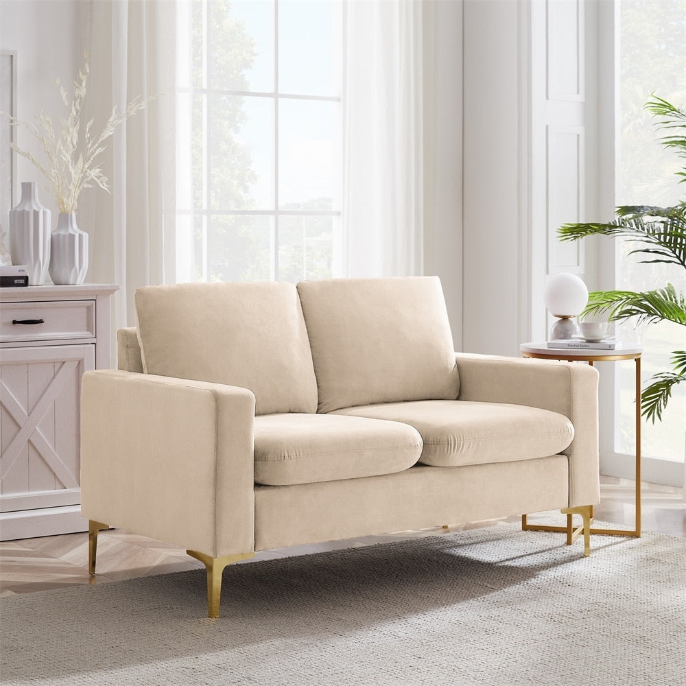 Orange Velvet Loveseat With Gold Metal Legs Square Armrest Small Sofa Couch U126969